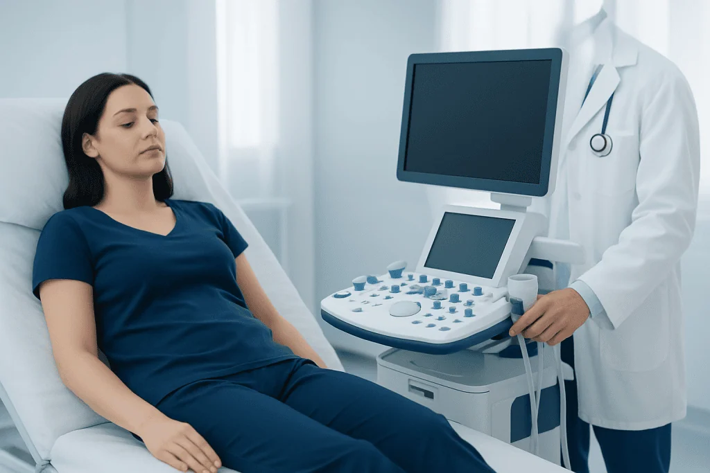 Patient undergoing ultrasound examination in a hospital setting.