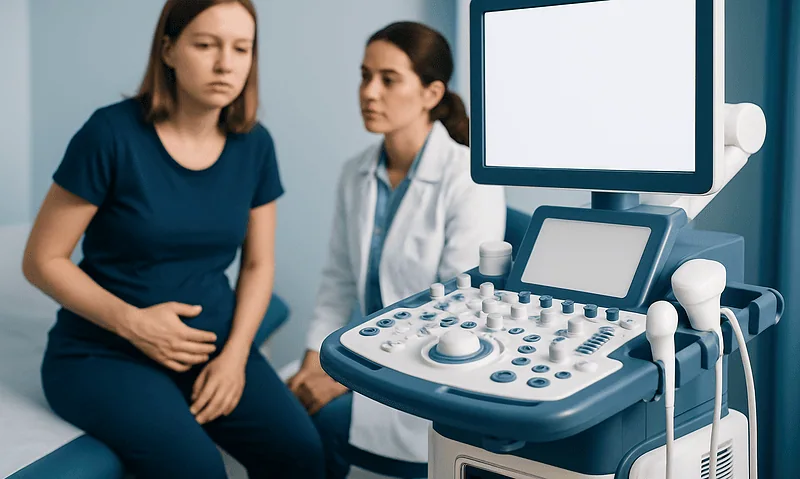 Medical consultation with ultrasound device at a hospital.