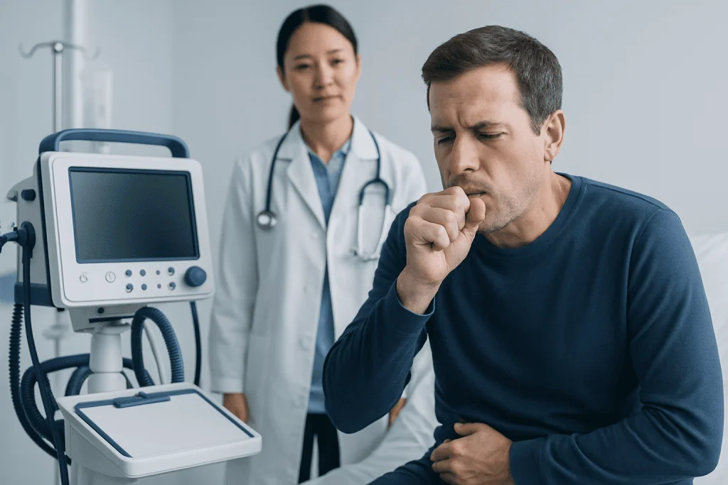 Man coughing with a doctor in a medical examination room.
