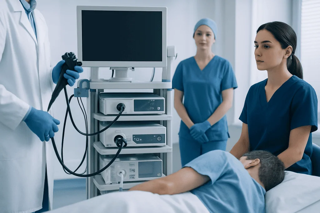 Medical professionals perform an ultrasound examination on a patient in a hospital.