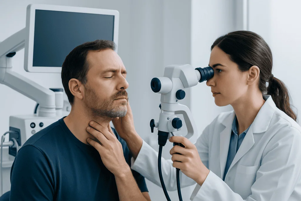 ENT specialist examines patient's throat and ears with a microscope.
