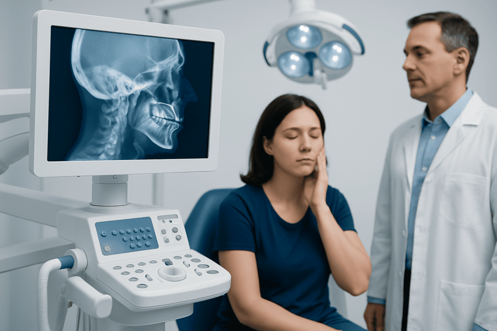 Patient experiencing jaw pain during consultation at Acibadem Hospital.