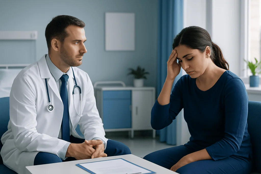 Doctor consulting with a patient experiencing headache or fever symptoms.