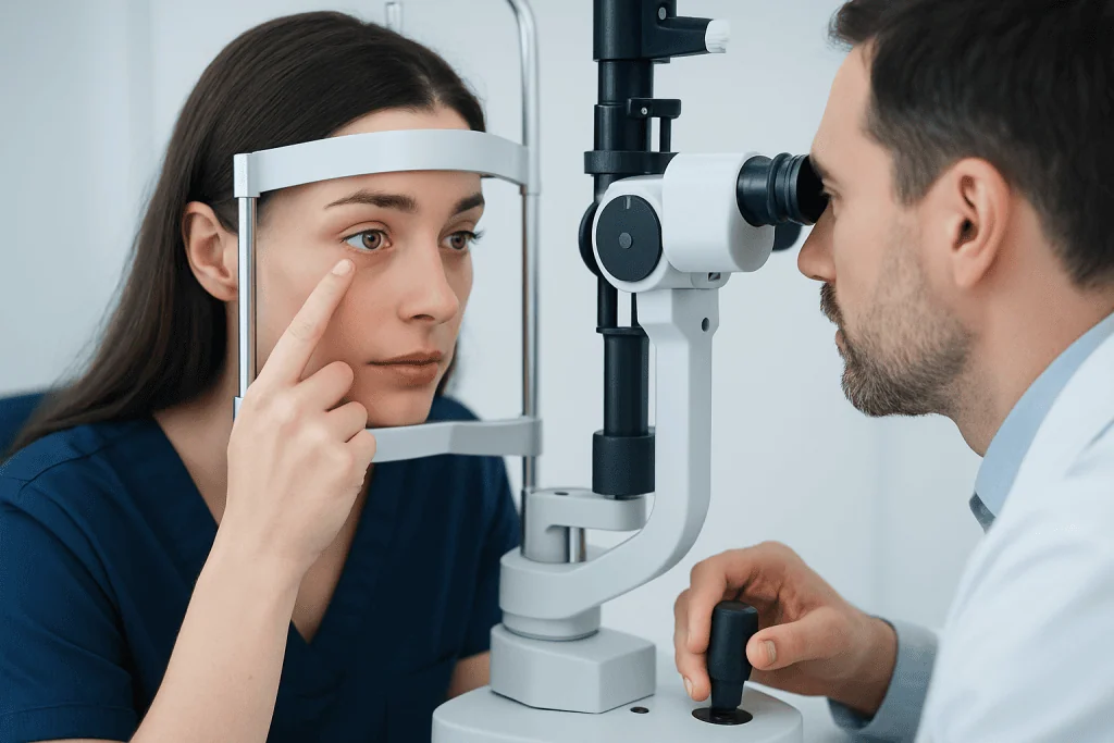 Optometrist examining patient's eye with slit lamp in clinic.