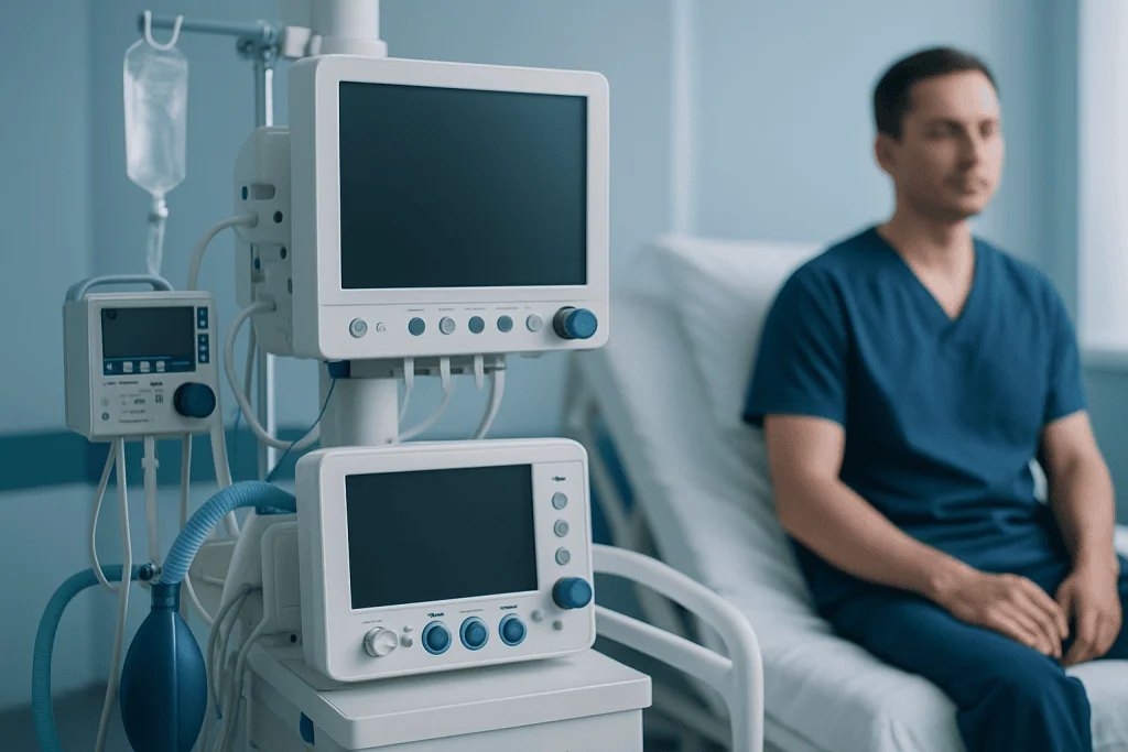 Hospital patient in a medical room with monitoring equipment and a healthcare professional.