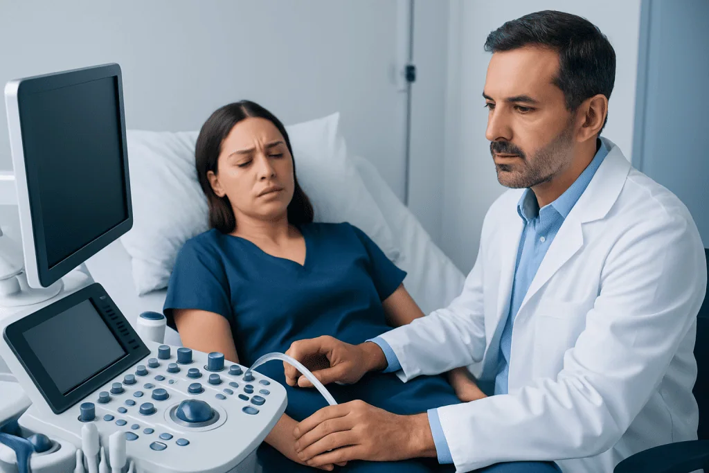 Doctor performing an ultrasound exam on a patient in a hospital room.