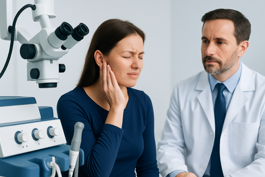 Woman experiencing ear pain during medical consultation at Acibadem Hospital.