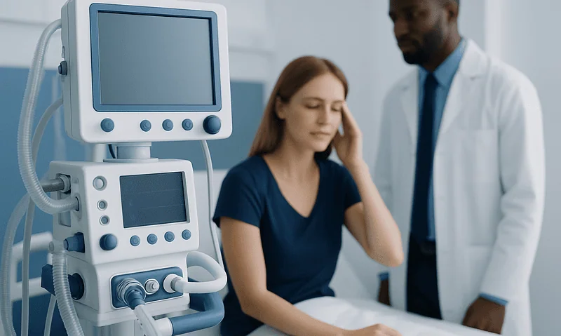 Medical professional consulting a patient in a hospital room with monitoring equipment.