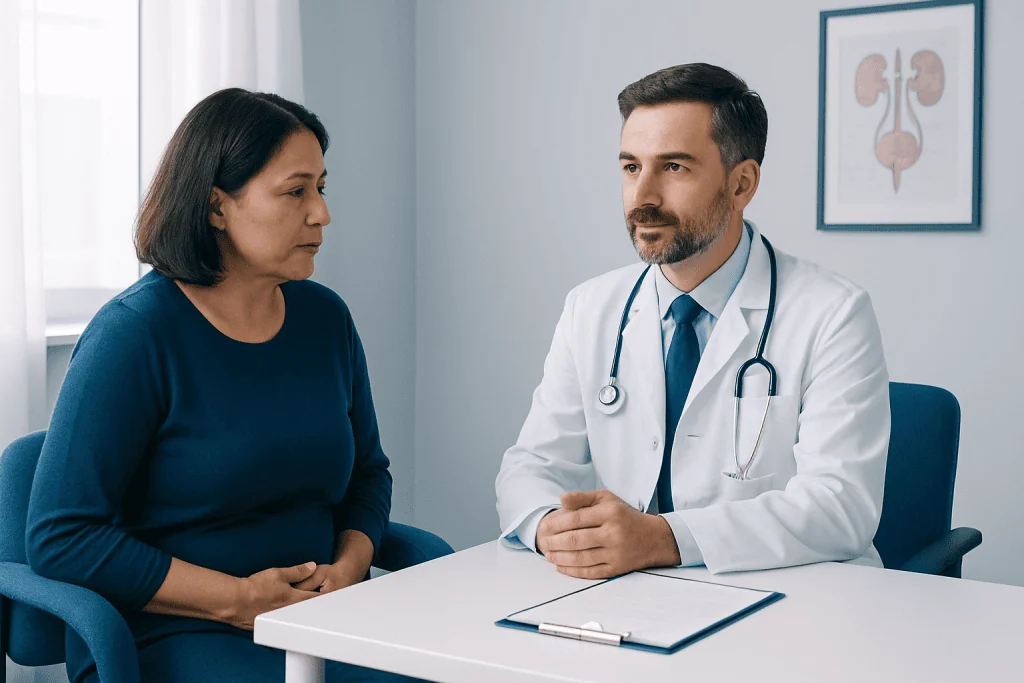 Doctor consulting a patient about urinary health in a medical office.