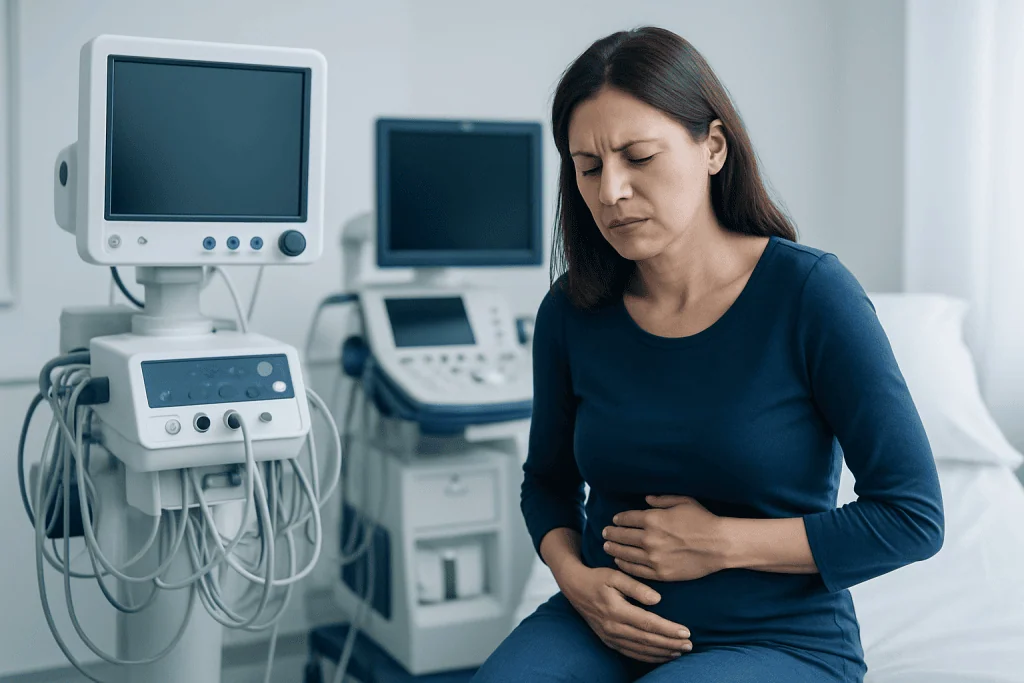 Woman experiencing stomach pain in a medical examination room.