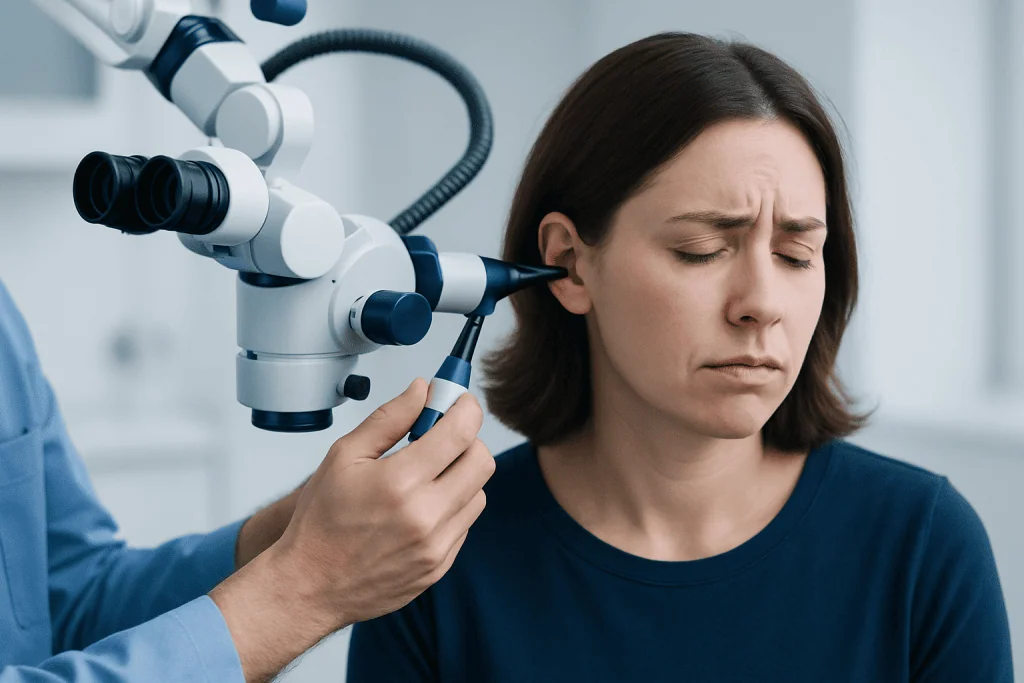 Doctor examines patient's ear with specialized medical equipment for ear pain.