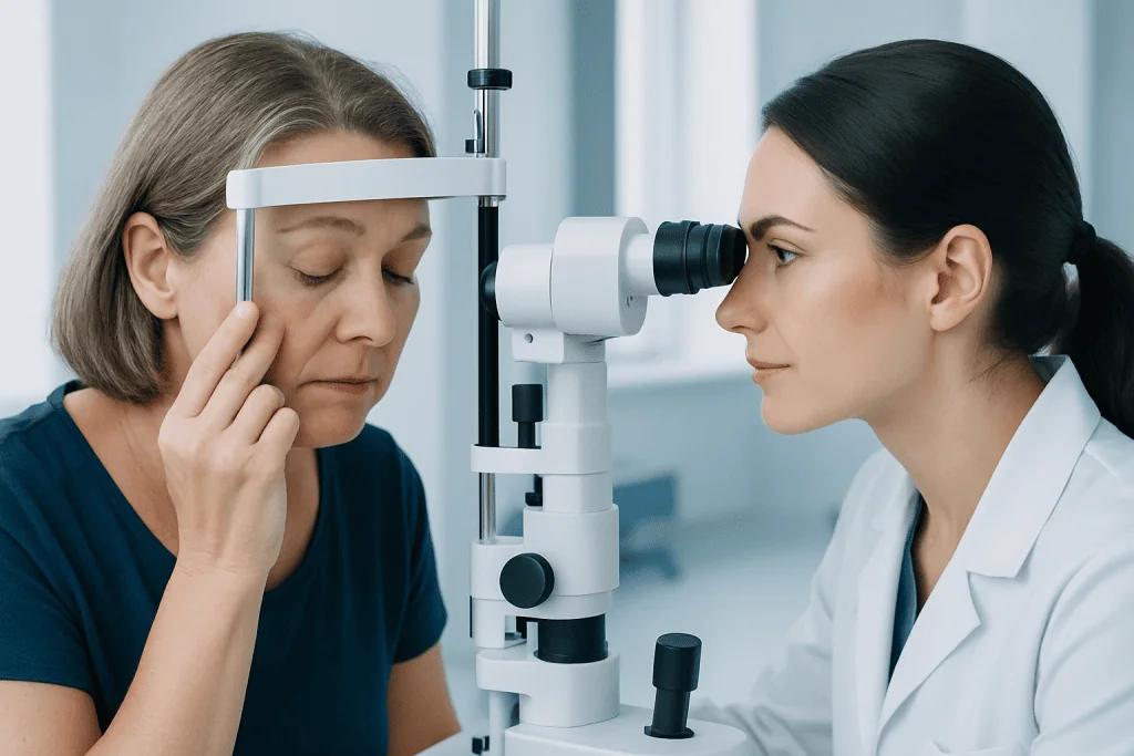 Optometrist examines patient's eye with slit lamp in clinic.