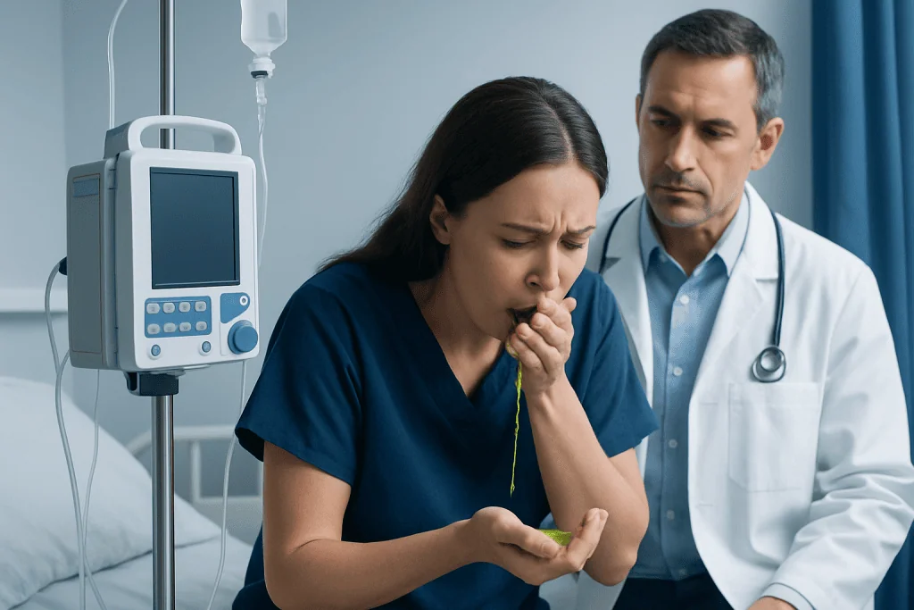 Common symptoms that may occur with green vomit — vomiting greenish