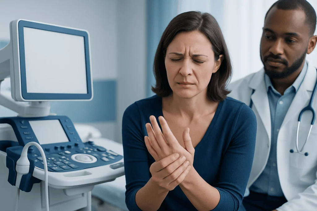 Woman experiencing hand pain during medical examination at hospital.