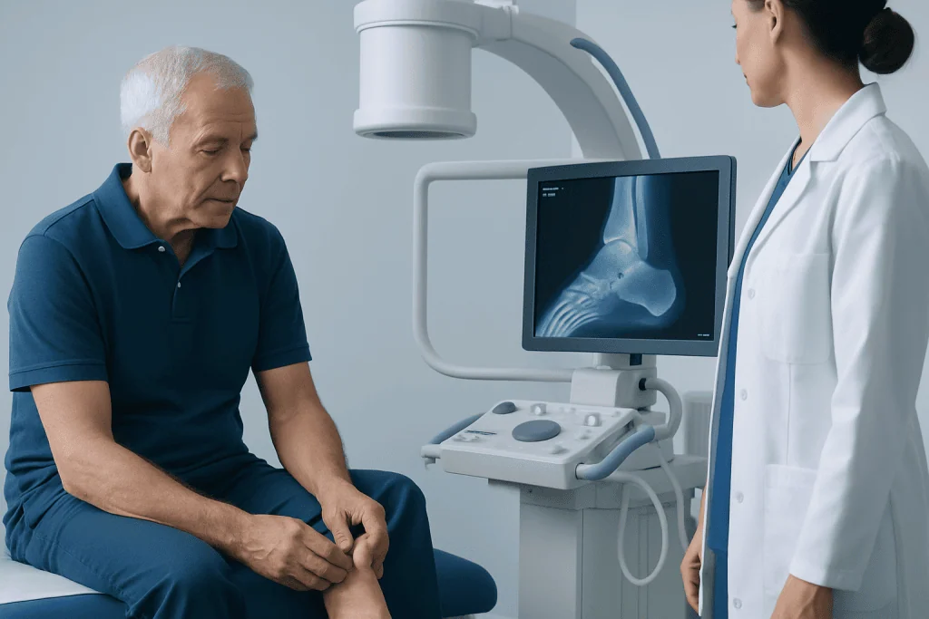 Doctor examining patient's foot with X-ray imaging equipment at hospital.