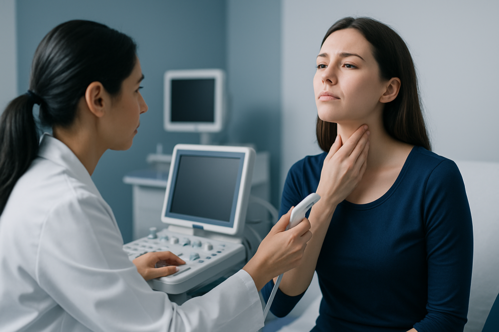 Doctor examining patient's throat with ultrasound device in clinic.