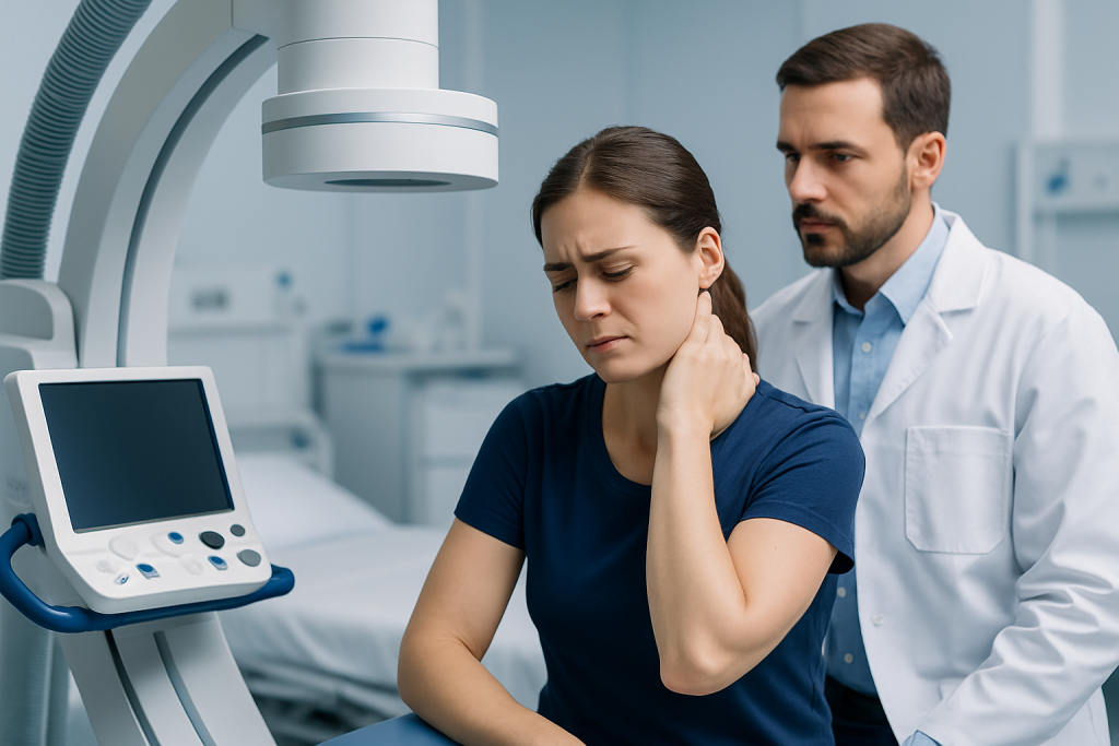 Woman experiencing neck pain during medical examination at hospital.