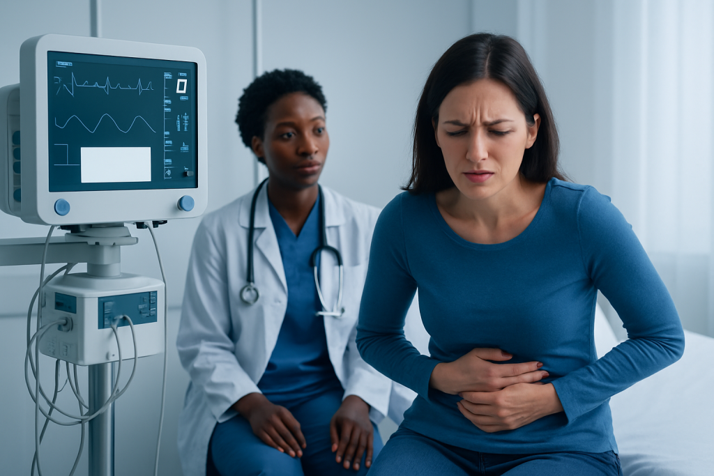 Woman experiencing stomach pain in a hospital setting with a doctor nearby.