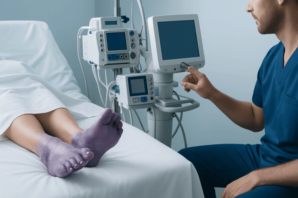Common symptoms that may occur with purple feet — purple coloured feet