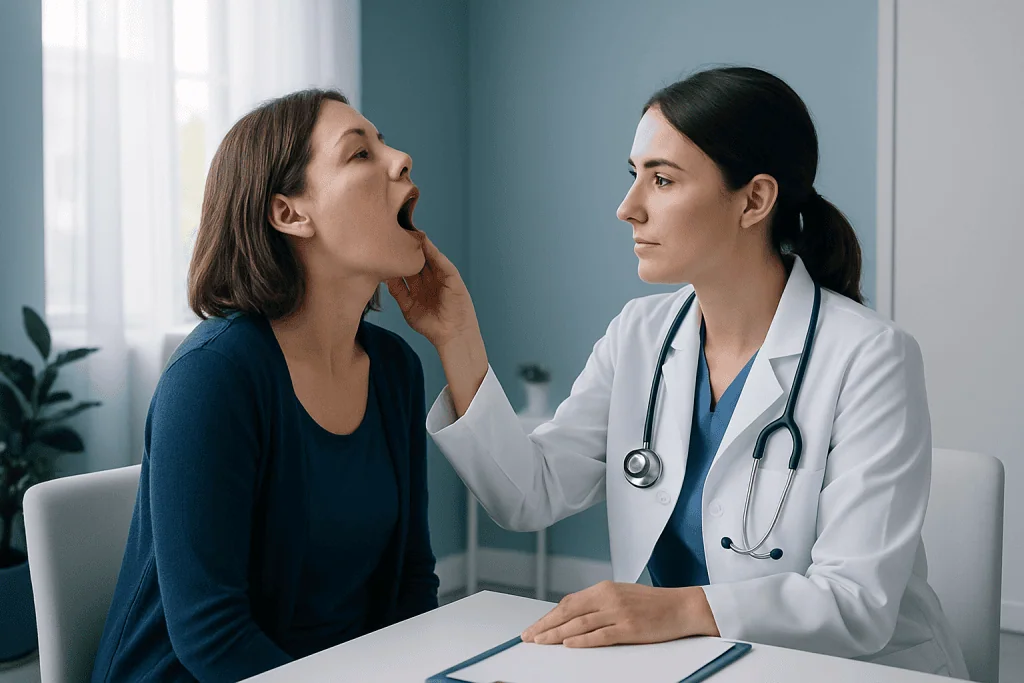 Doctor examining patient's throat for symptoms of throat infection.