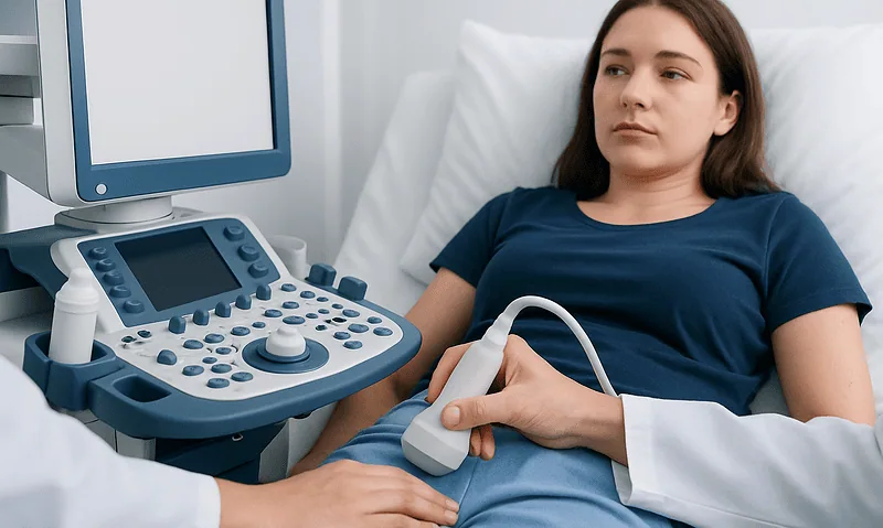 Young woman undergoing an ultrasound examination in a medical setting.