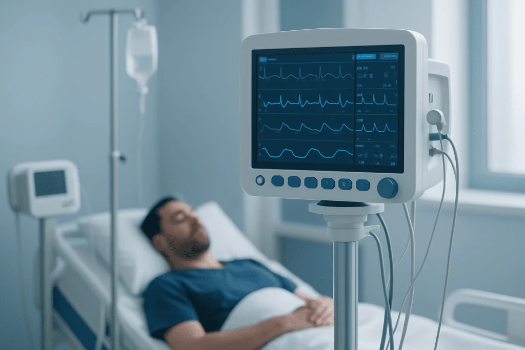 Patient in hospital bed connected to heart monitor during recovery.