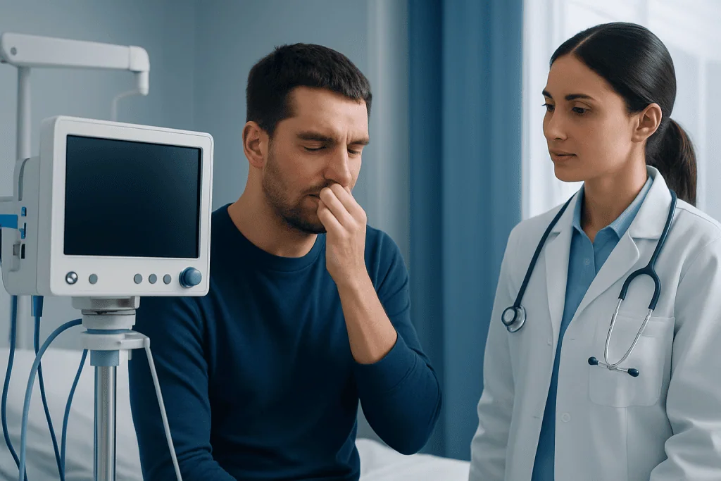 Patient experiencing discomfort during medical consultation at Acibadem Hospital.