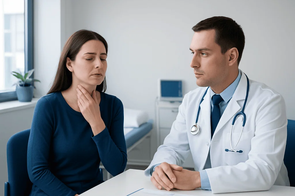 Patient experiencing sore throat during consultation at Acibadem Hospital.