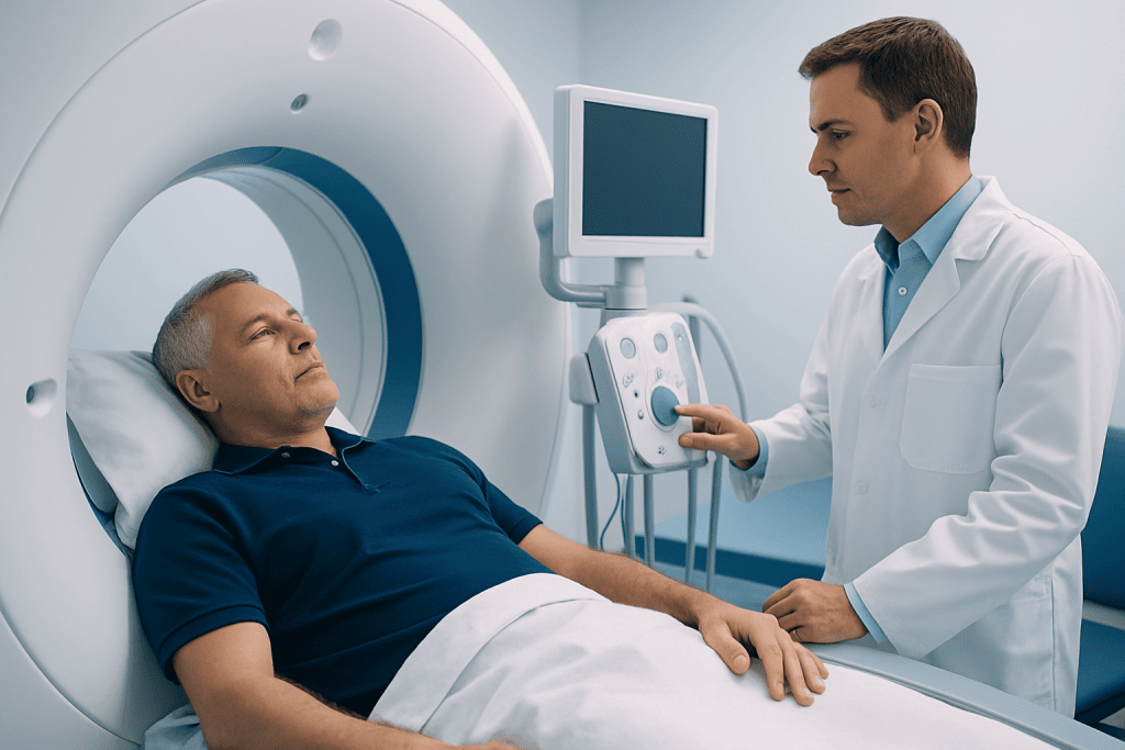 Doctor preparing patient for a CT scan at Acibadem Hospital.