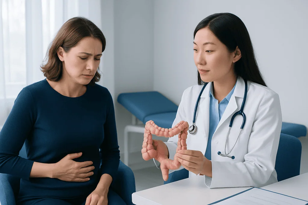 Doctor explaining large intestine to patient in medical consultation room.