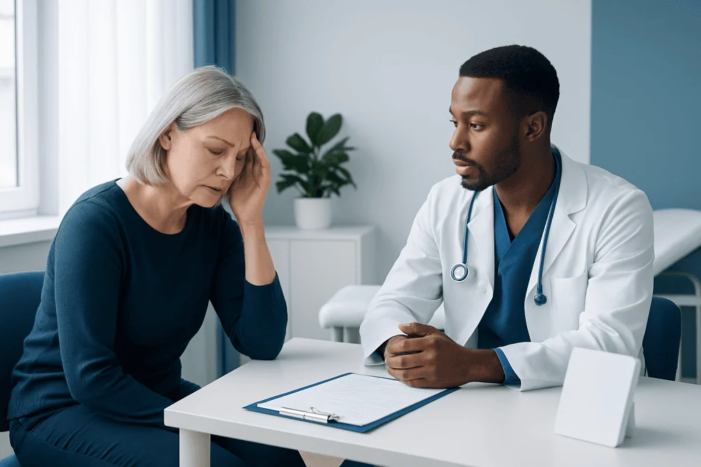 Doctor consulting with a worried female patient in a medical office.