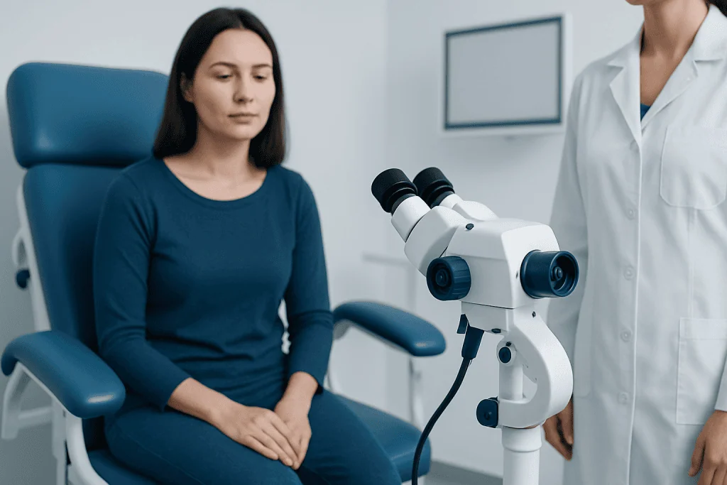 Woman undergoing medical examination with a microscope in a clinic.
