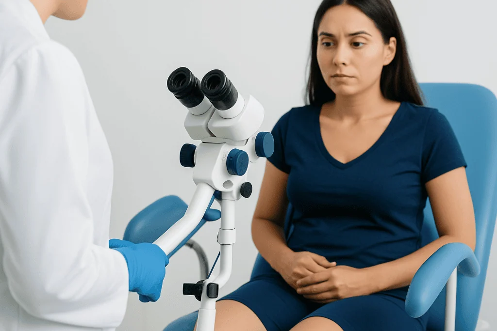 Woman undergoing a medical examination with a microscope at a clinic.