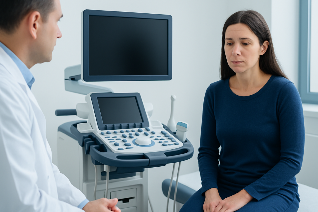 Doctor performing an ultrasound exam on a woman patient in a medical clinic.