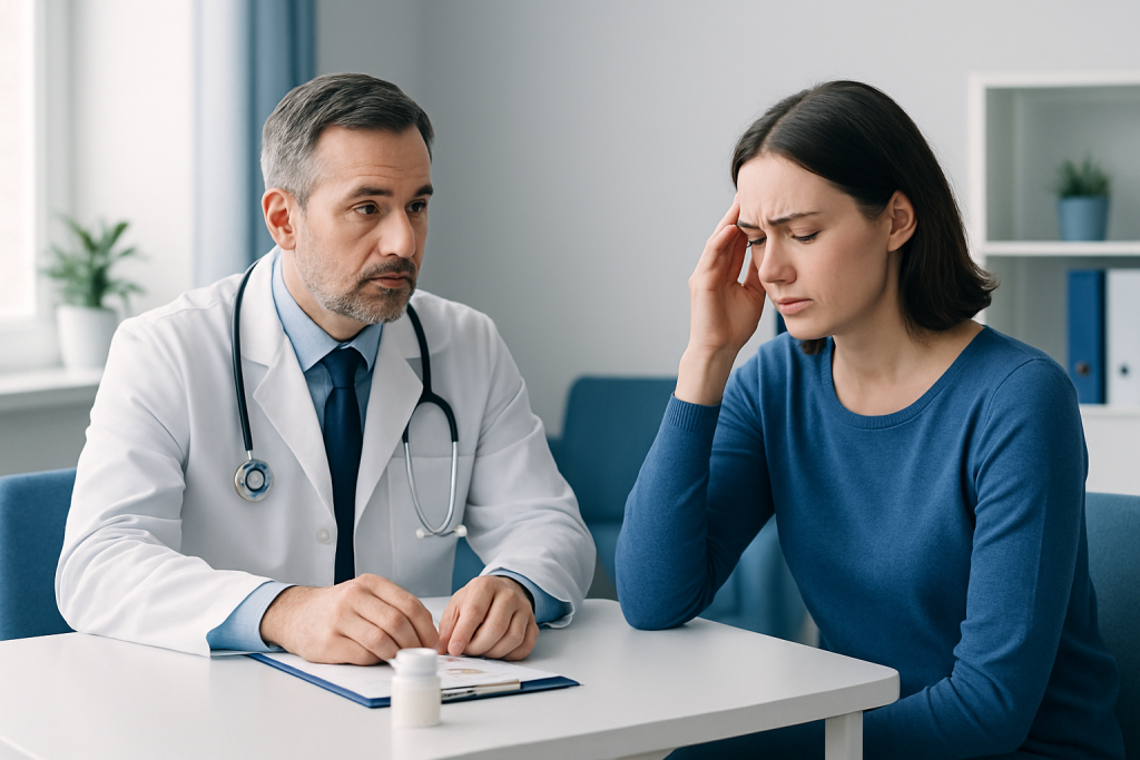 Doctor consulting a woman patient about medication side effects in a clinic.