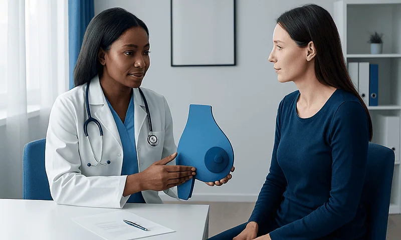 Doctor explaining breast anatomy to a patient in a medical consultation.