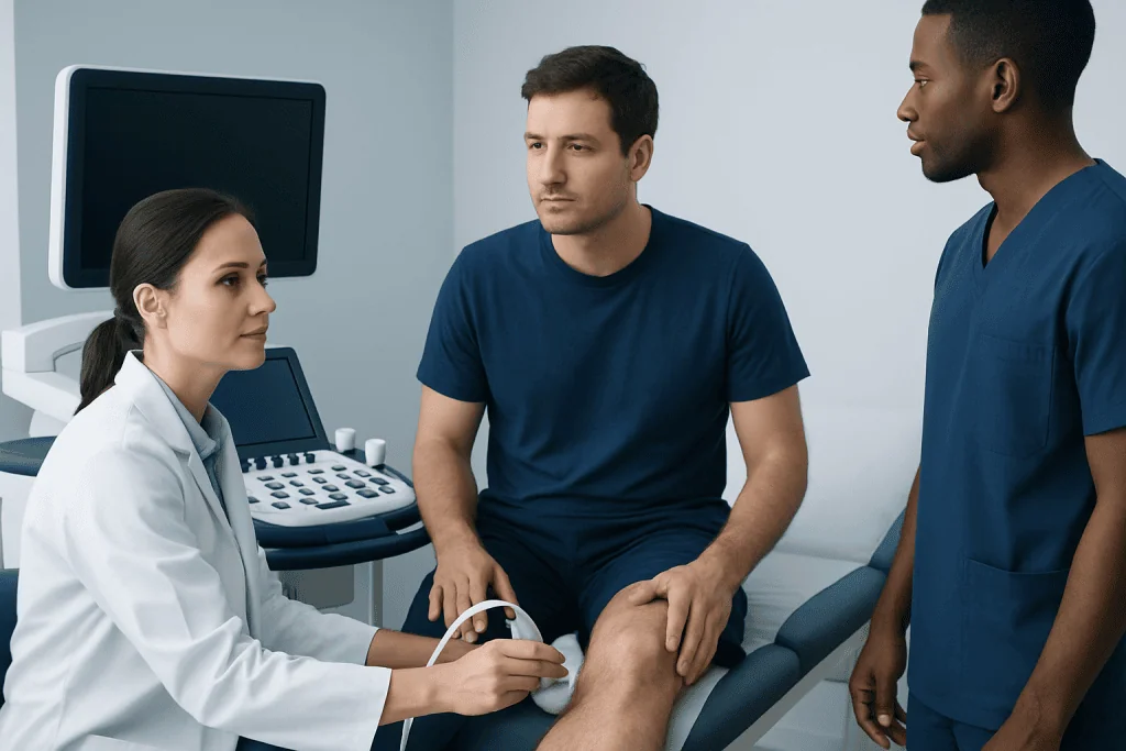 Doctor performing an ultrasound on a patient's knee in a medical clinic.
