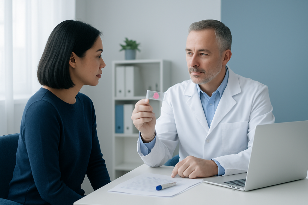 Pathologist explaining lab results to a patient in a medical office.