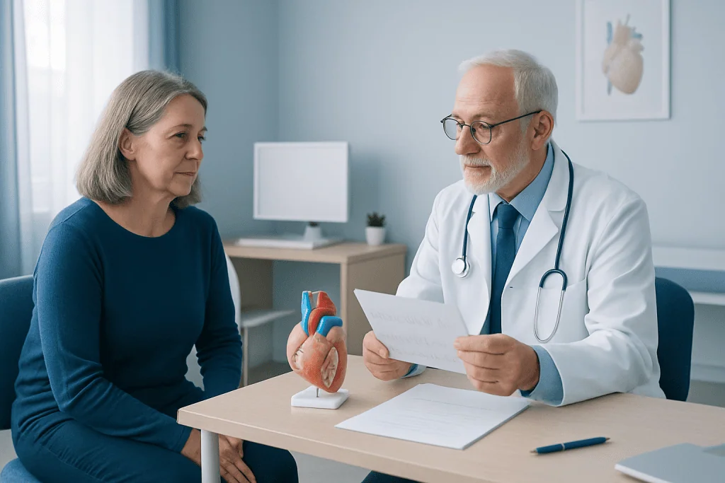 Doctor explaining heart health to an older woman during a checkup.