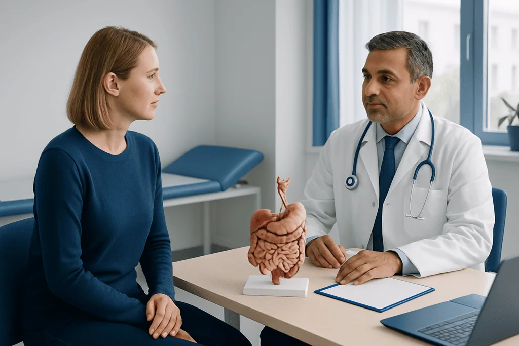 Doctor explaining digestive health to a patient with a model of intestines.