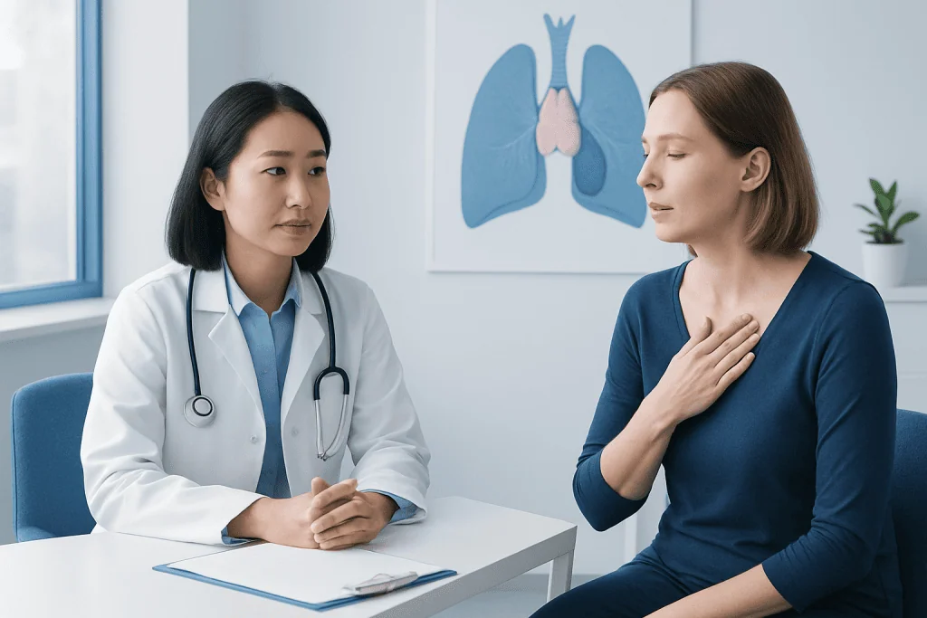 Doctor consulting a patient about respiratory health in a medical office.