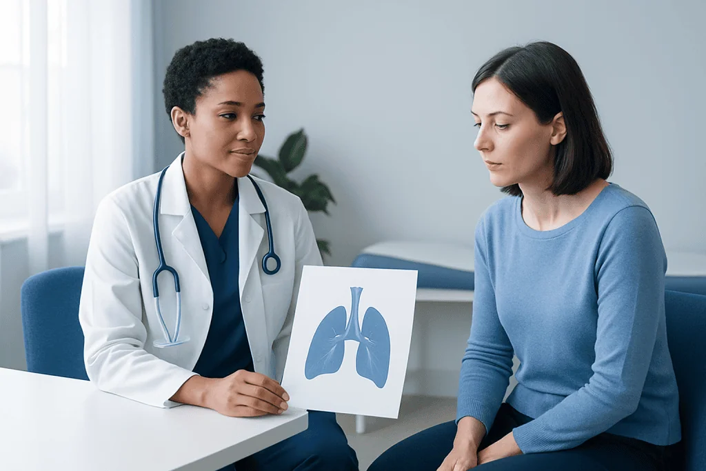 Doctor explains thymus gland to patient using lung diagram at clinic.