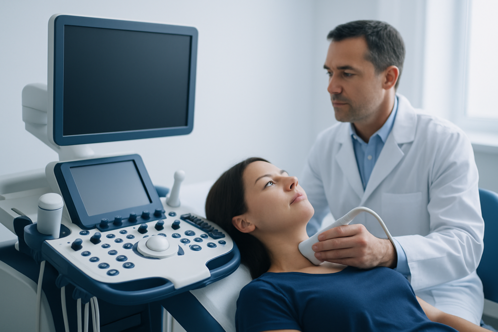 Doctor performing thyroid ultrasound on a patient in a medical clinic.