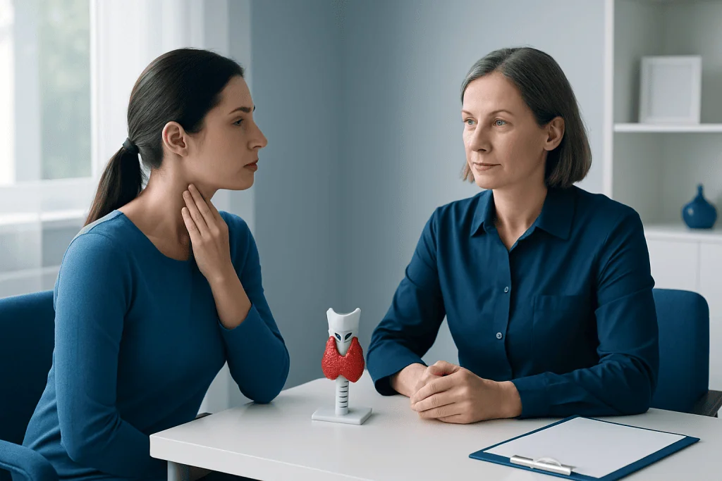 Doctor explaining thyroid health to a patient in a consultation room.