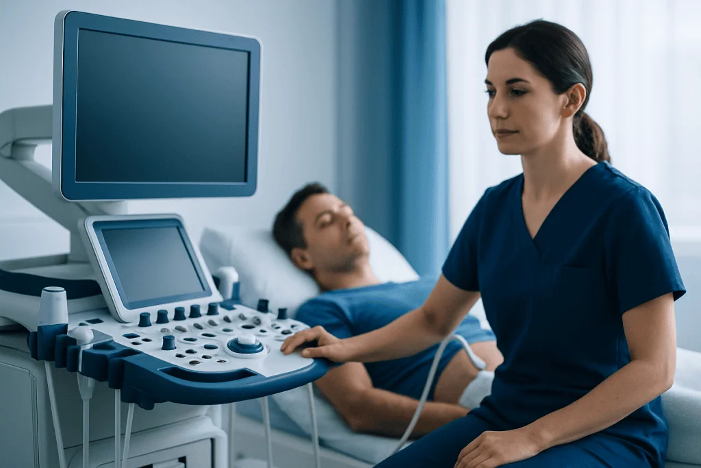 Medical professional performing an ultrasound on a patient in a hospital room.