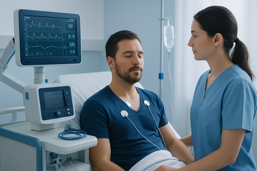 Patient undergoing cardiac monitoring in a hospital setting.