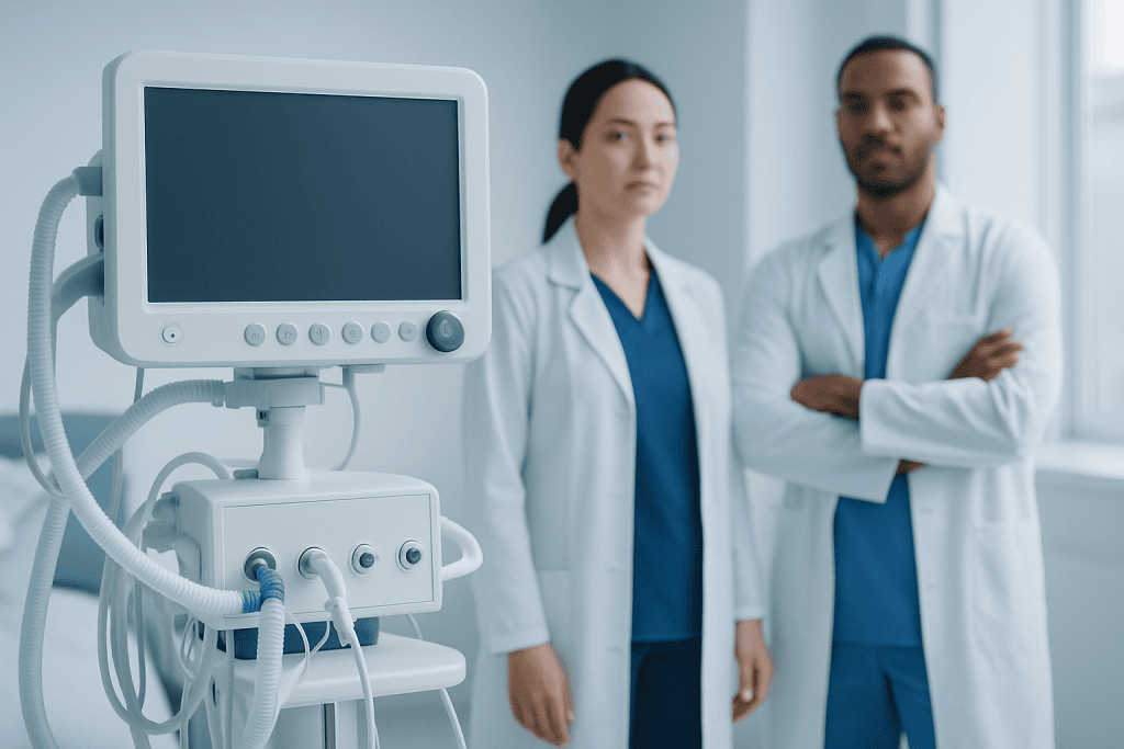 Medical professionals with ventilator in hospital setting.