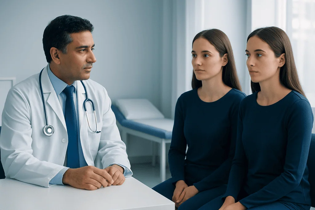 Doctor consulting with twin patients in a medical office.
