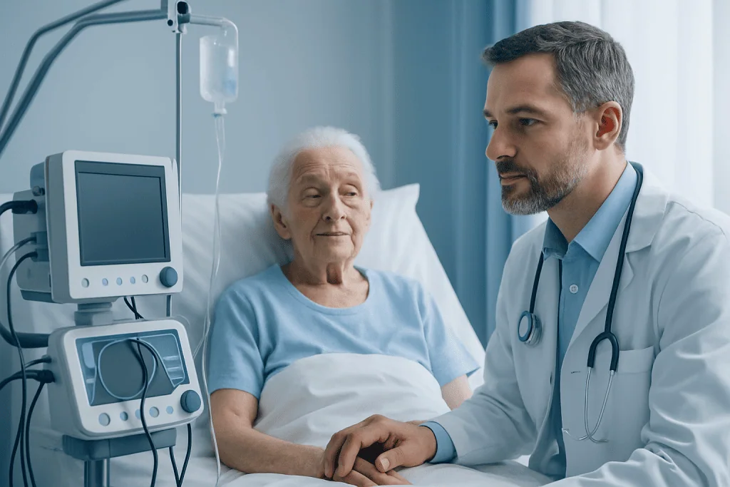Doctor consulting elderly patient in hospital room with medical equipment.