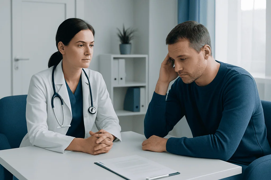 Doctor consulting with a patient about medication side effects in a clinical setting.